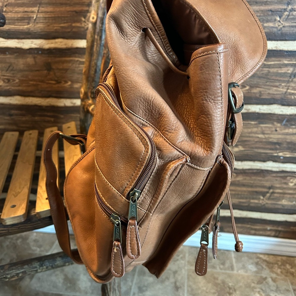 Tan Leather Drawstring Backpack With Front Zip Po… - image 5